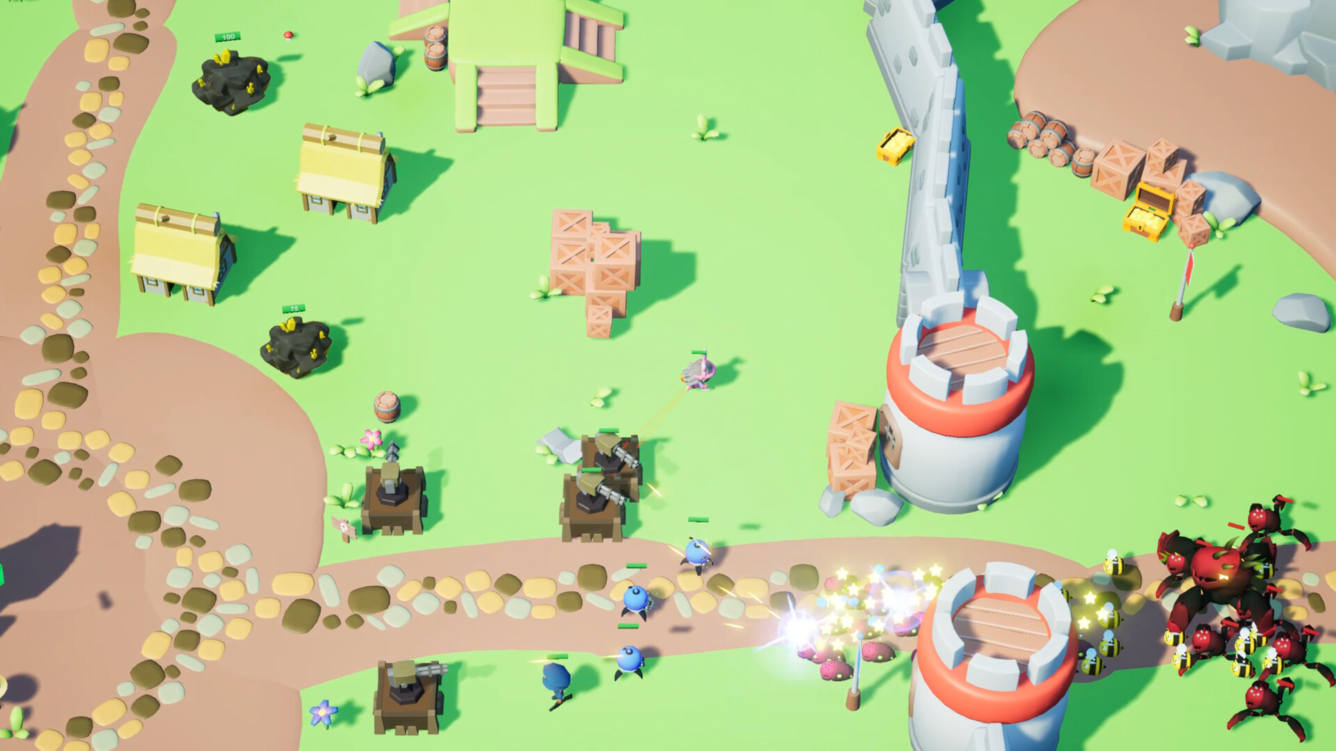 A large Nonsense Defense battle around two crystal towers